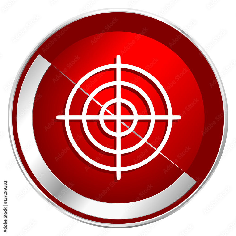 Poster target red web icon. metal shine silver chrome border round button isolated on white background. cir