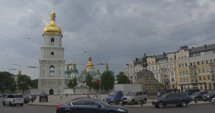 the Impressive View on St.sophia Bell Tower, the Bohdan Khmelnytsky Monument, With the Pedestal From Big Granite Blocks.in the Cloudy Weather