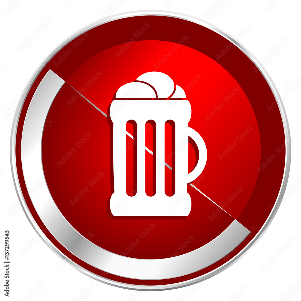 Poster beer red web icon. metal shine silver chrome border round button isolated on white background. circl