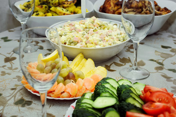 Russian Salad Olivie, fresh fruits and vegetables. Tradition.