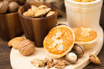 almonds cake and almonds nut.
