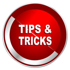 Tips tricks red web icon. Metal shine silver chrome border round button isolated on white background. Circle modern design abstract sign for smartphone applications.