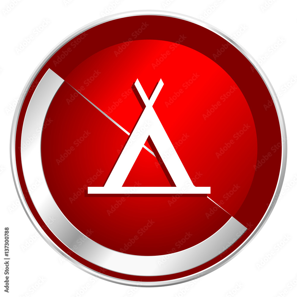Aufkleber camp red web icon. metal shine silver chrome border round button isolated on white background. circl