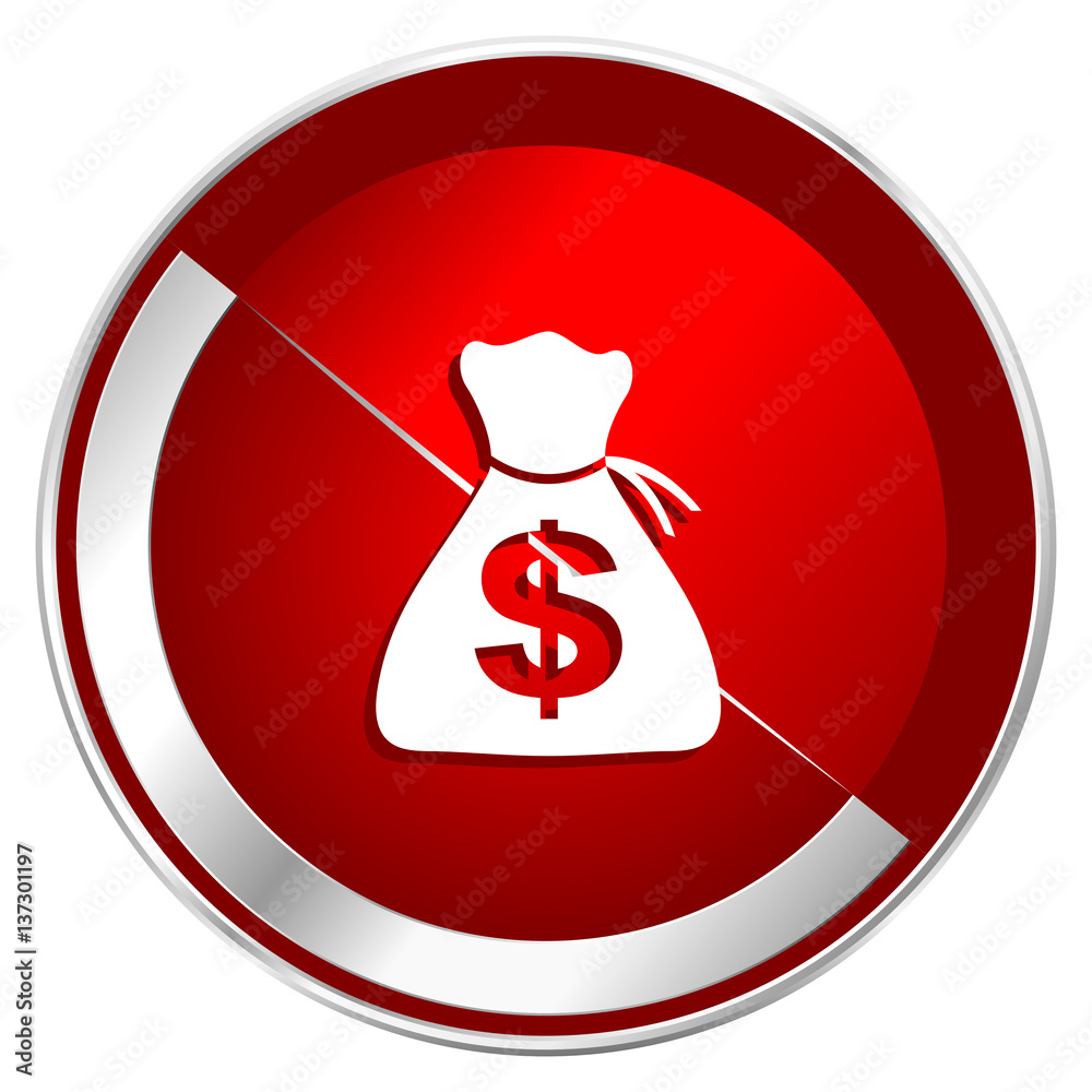 Poster money red web icon. metal shine silver chrome border round button isolated on white background. circ