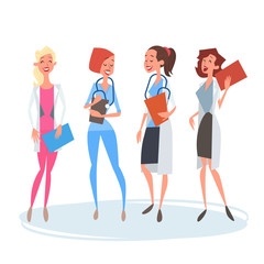 Obraz premium Group Medial Doctors Woman Team Clinics Hospital Flat Vector Illustration