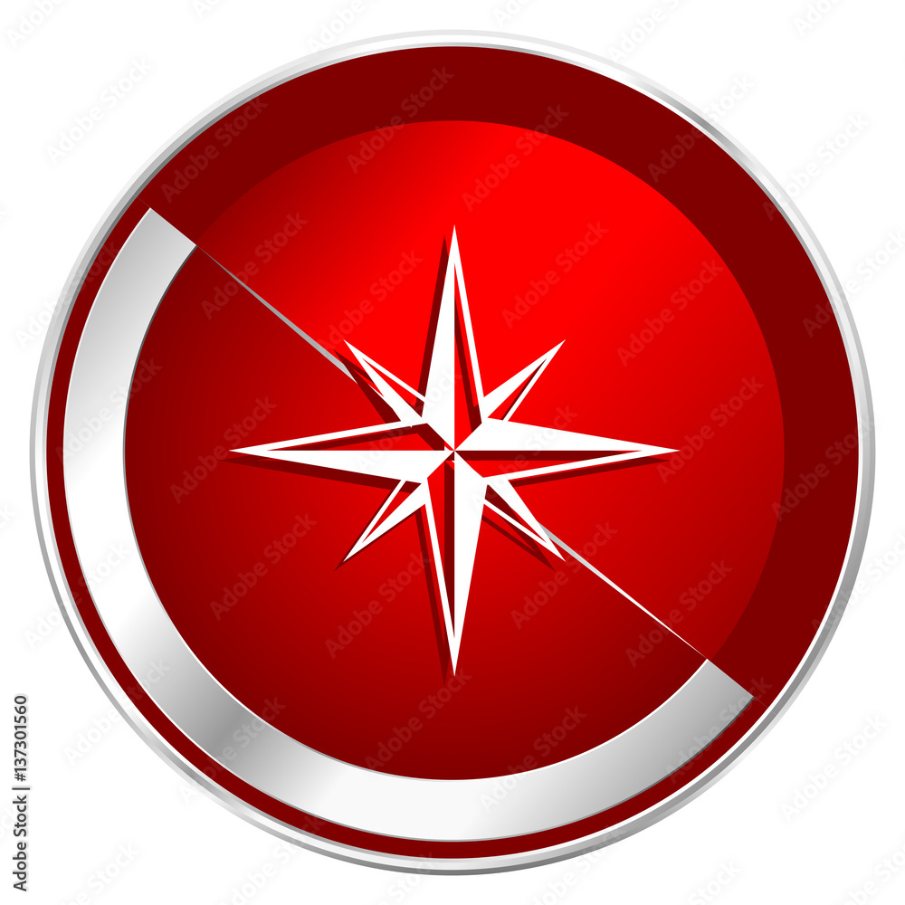 Poster Compass red web icon. Metal shine silver chrome border round button isolated on white background. Circle modern design abstract sign for smartphone applications.