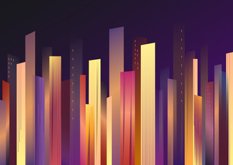colorful skyscrapers against the night sky, vector illustration, horizontal orientation