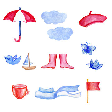 Watercolor umbrella, cloud, butterfly, bird, red flag, tea cup, scarf, wellingtons, ship hand drawn illustration isolated on white, decorative cartoon elements for design card, scrapbook sticker