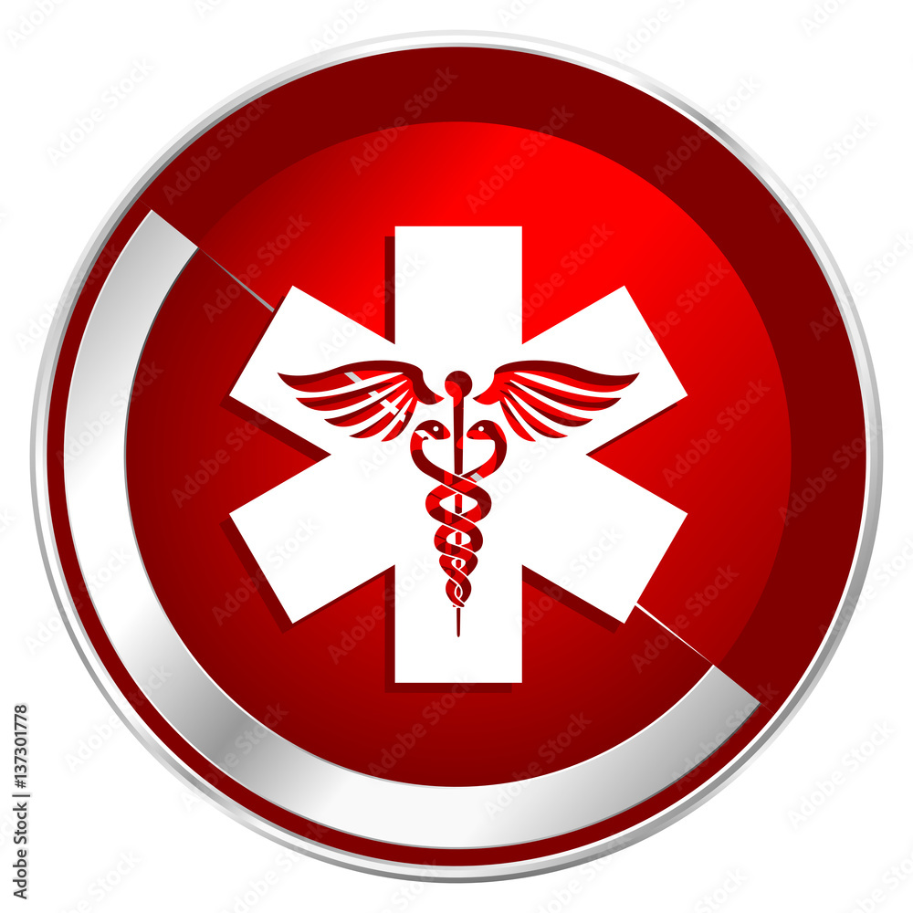 Poster Emergency red web icon. Metal shine silver chrome border round button isolated on white background. Circle modern design abstract sign for smartphone applications.