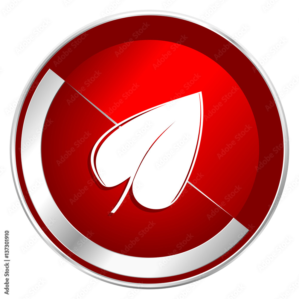 Poster leaf red web icon. metal shine silver chrome border round button isolated on white background. circl