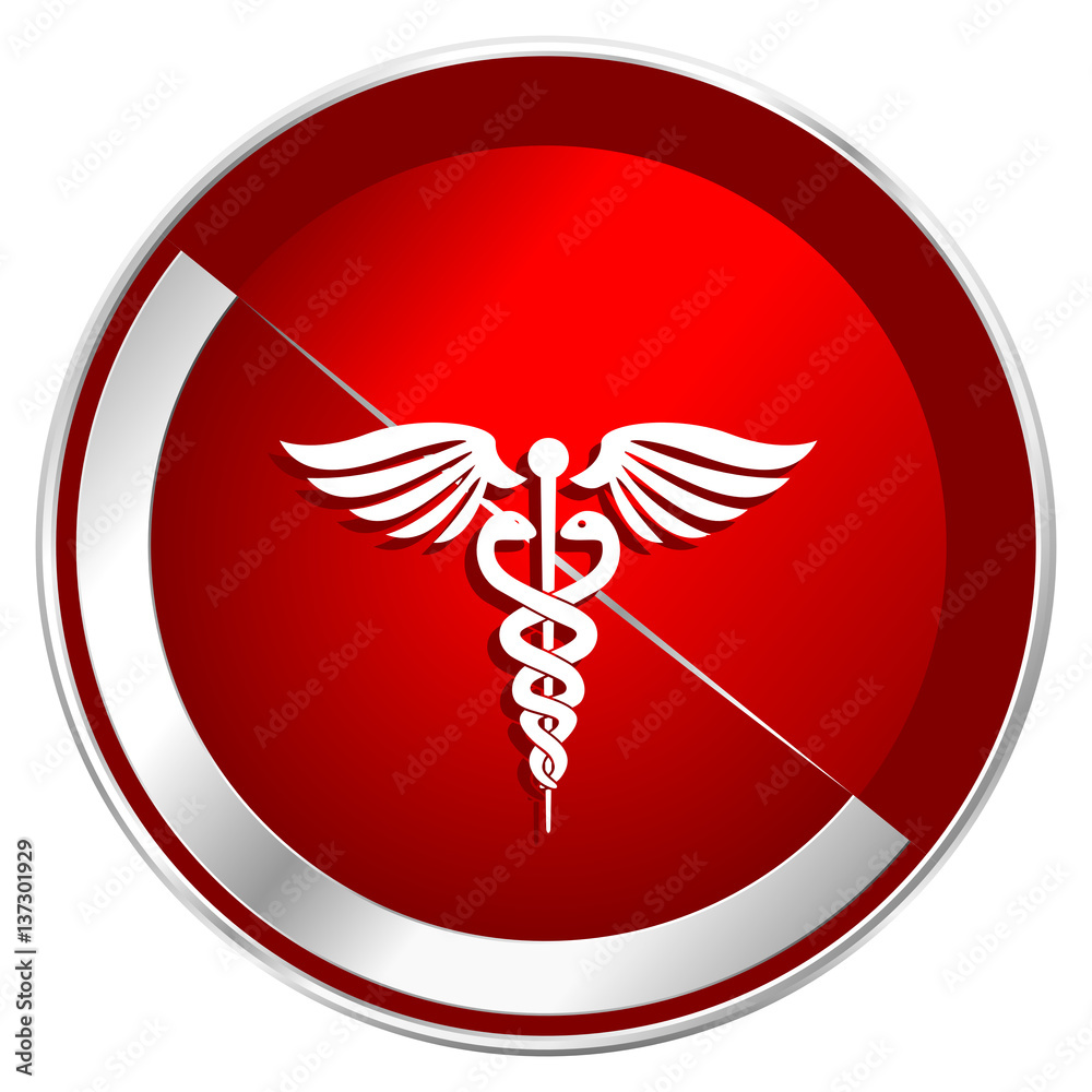 Poster emergency red web icon. metal shine silver chrome border round button isolated on white background. 
