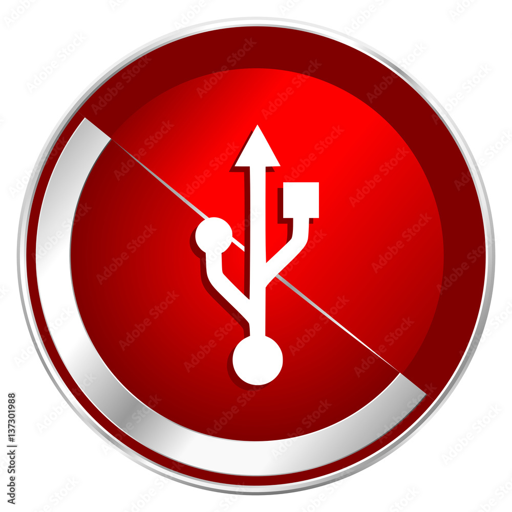 Poster Usb red web icon. Metal shine silver chrome border round button isolated on white background. Circle modern design abstract sign for smartphone applications.