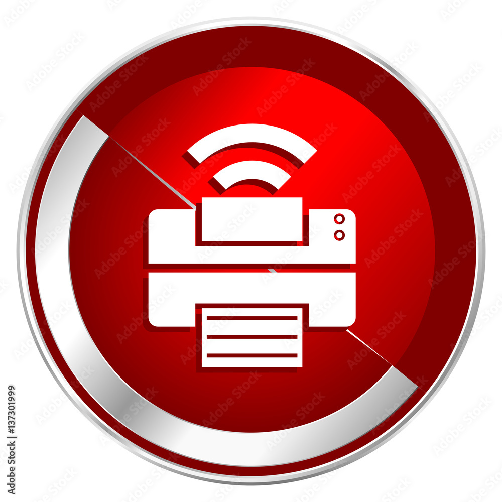 Poster Printer red web icon. Metal shine silver chrome border round button isolated on white background. Circle modern design abstract sign for smartphone applications.