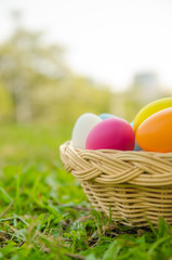 Easter eggs in grass against blurred green background. Spring holidays concept
