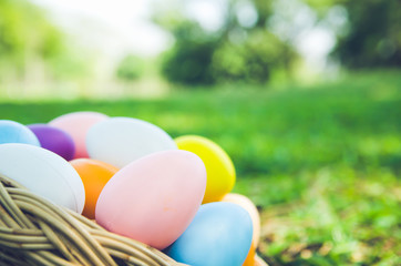 Easter eggs in grass against blurred green background. Spring holidays concept