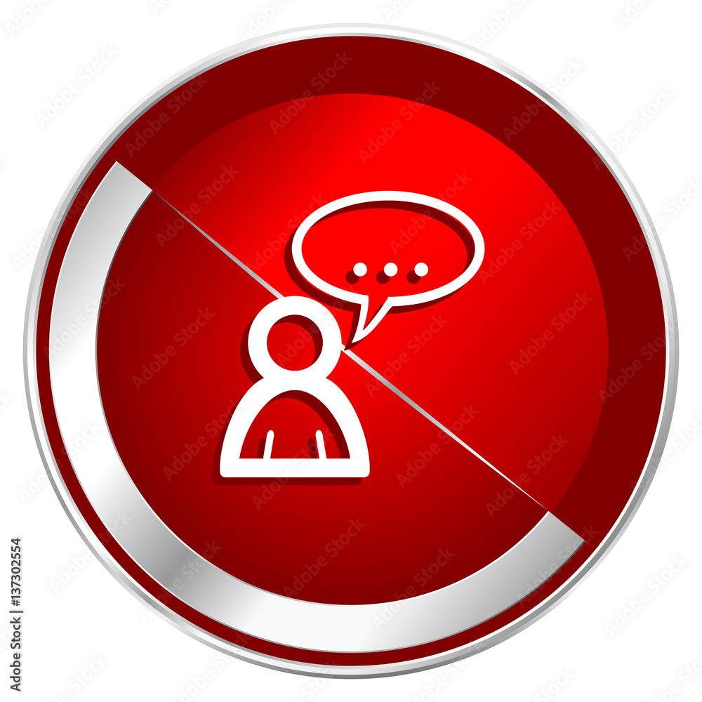 Poster forum red web icon. metal shine silver chrome border round button isolated on white background. circ