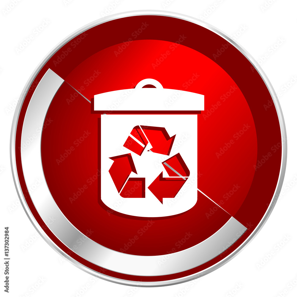Poster Recycle red web icon. Metal shine silver chrome border round button isolated on white background. Circle modern design abstract sign for smartphone applications.