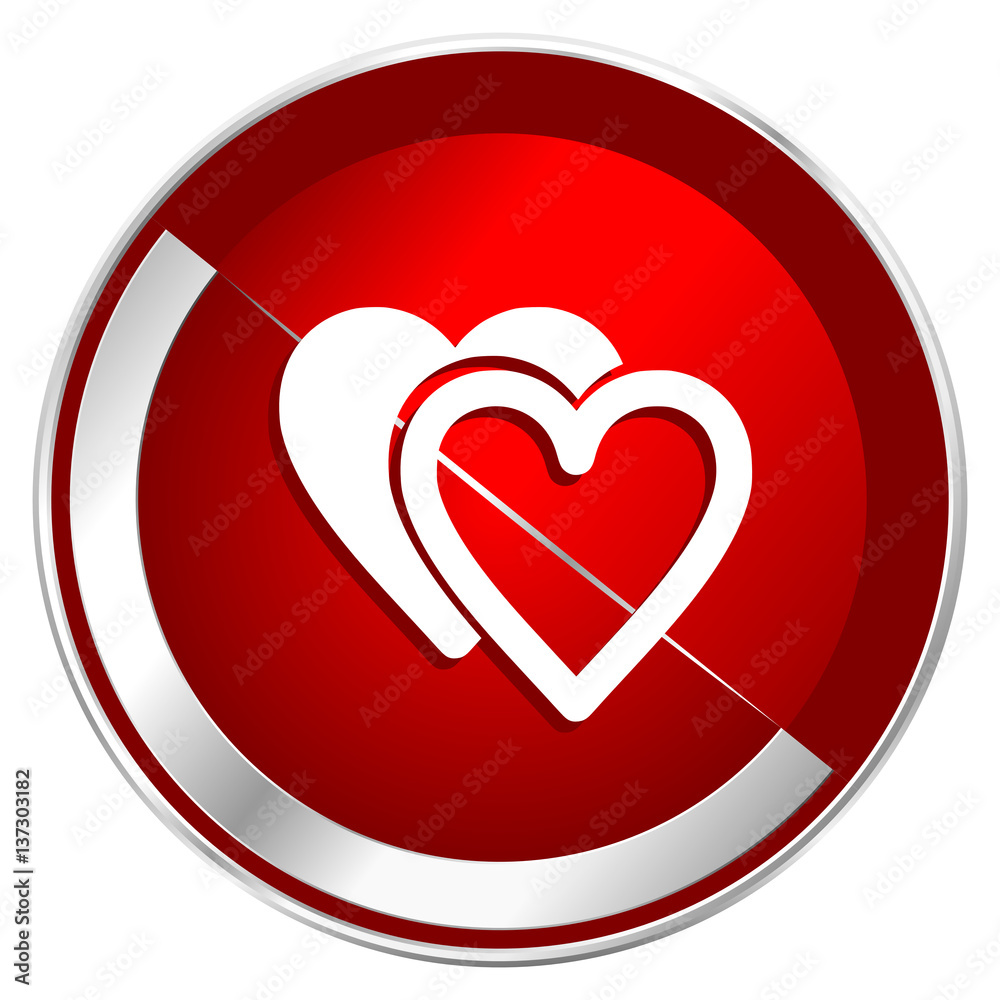 Poster love red web icon. metal shine silver chrome border round button isolated on white background. circl
