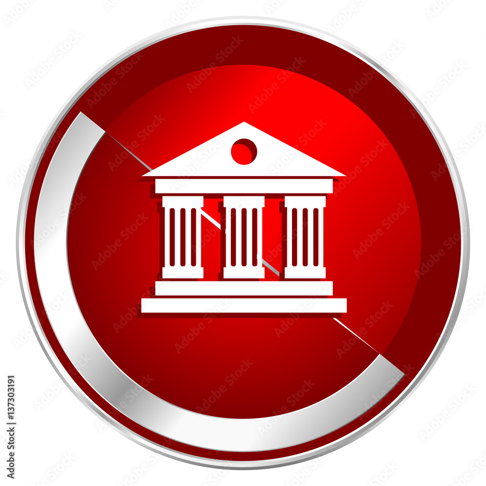 Poster museum red web icon. metal shine silver chrome border round button isolated on white background. cir