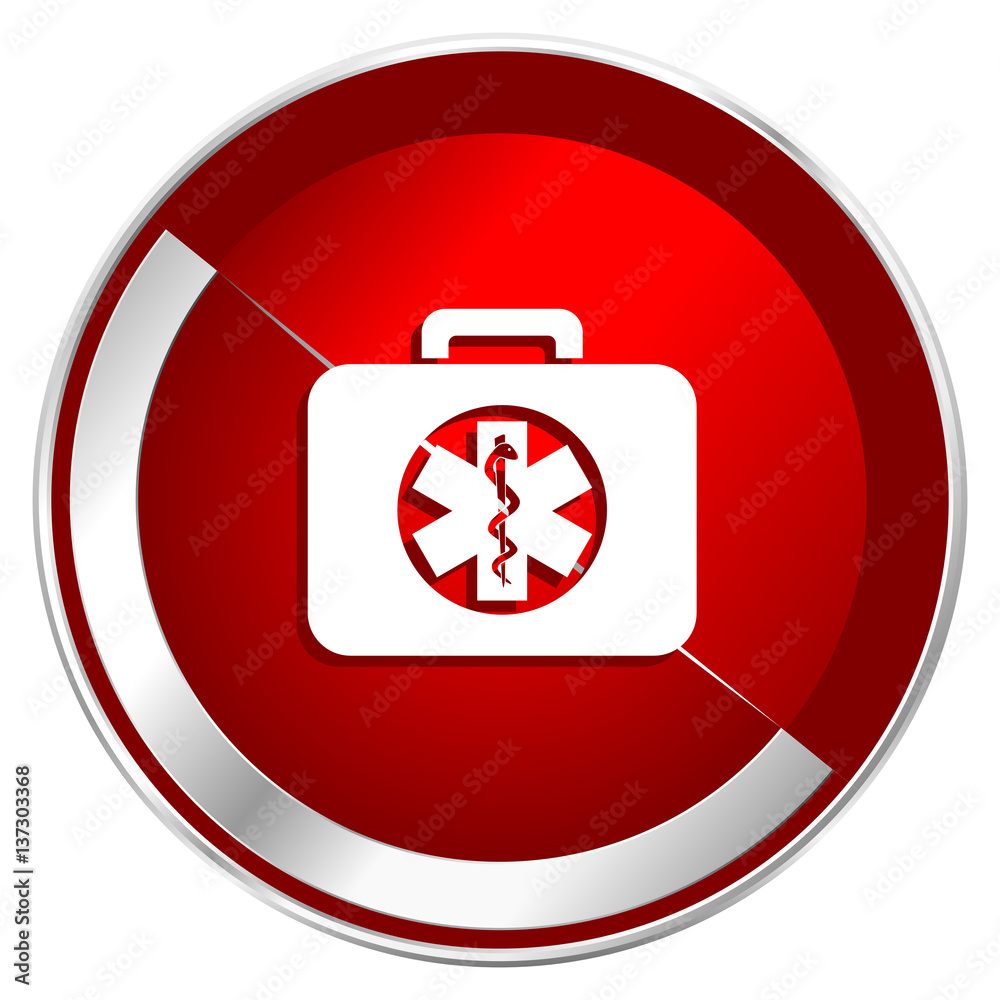 Aufkleber rescue kit red web icon. metal shine silver chrome border round button isolated on white background.