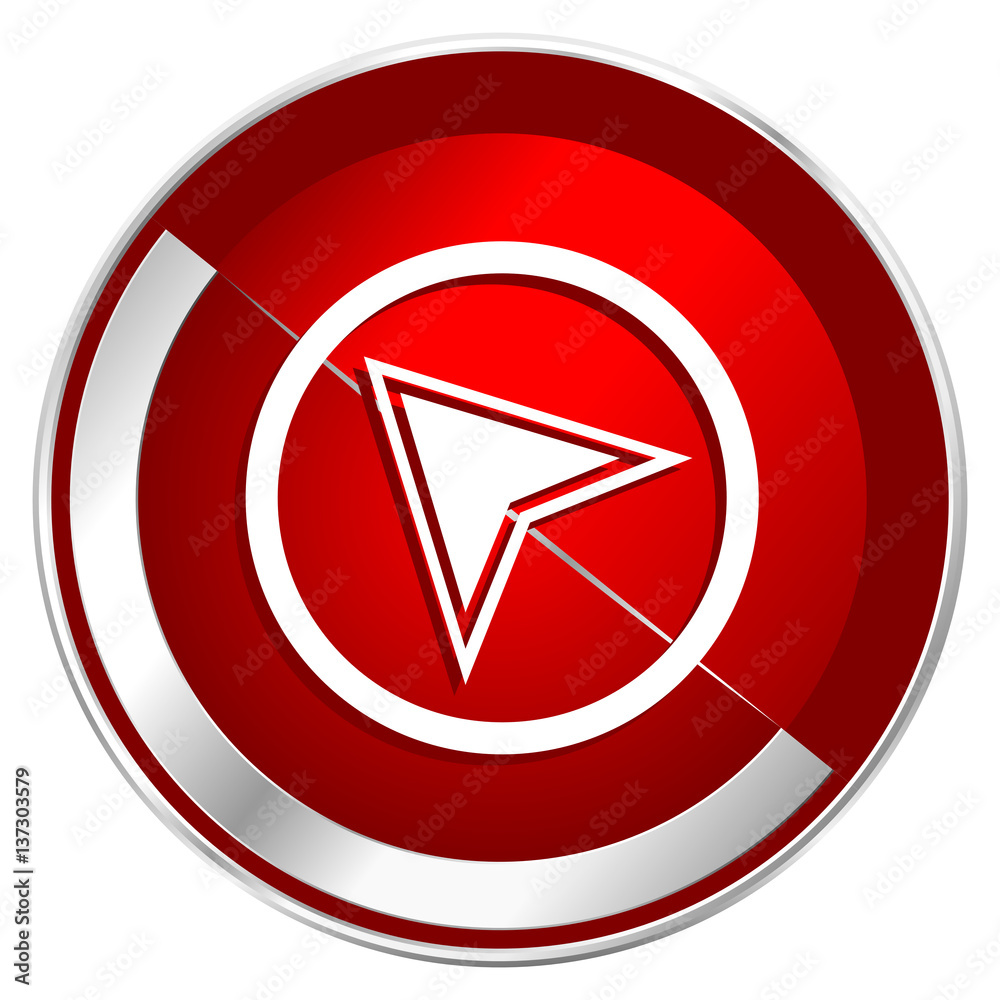 Poster Navigation red web icon. Metal shine silver chrome border round button isolated on white background. Circle modern design abstract sign for smartphone applications.