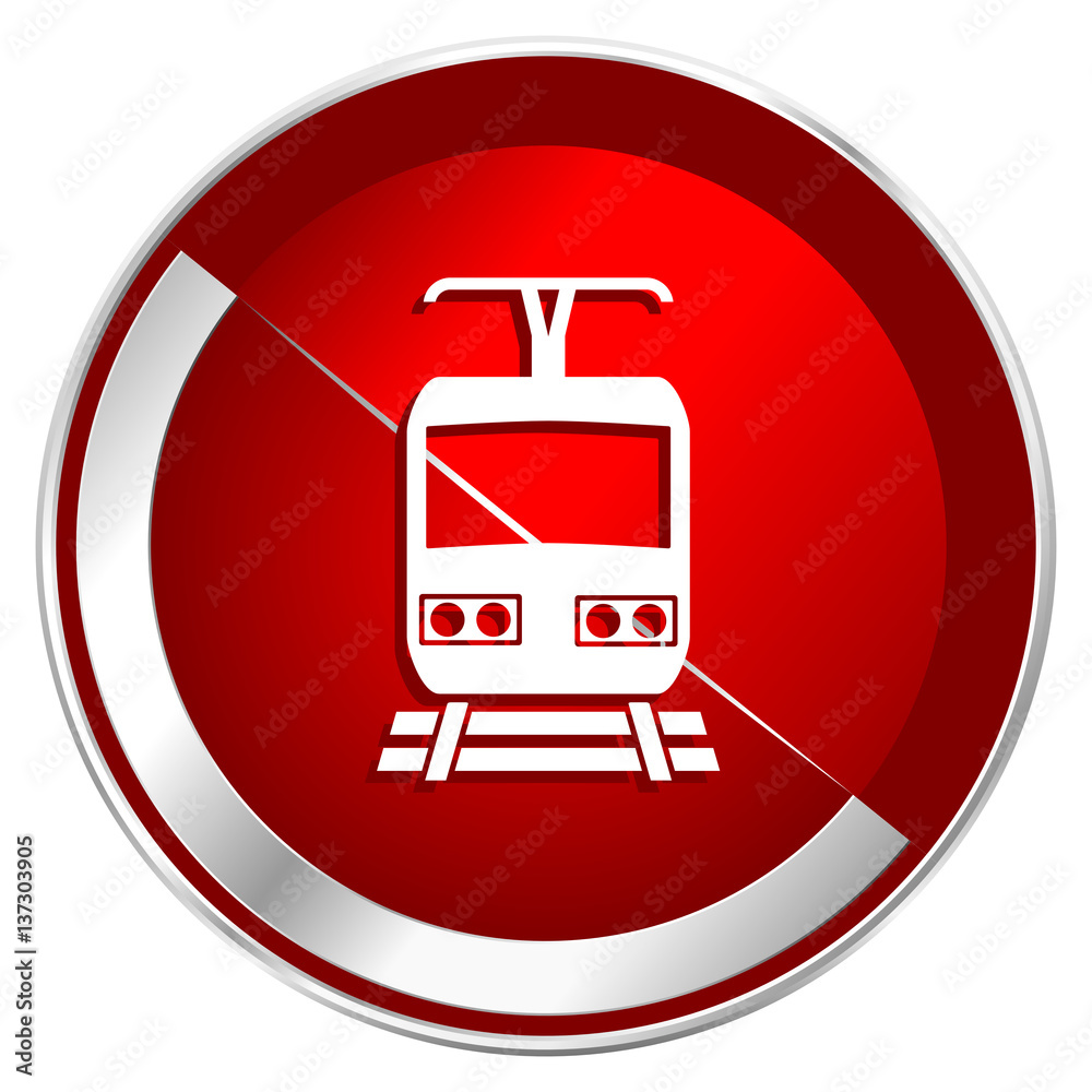 Poster train red web icon. metal shine silver chrome border round button isolated on white background. circ