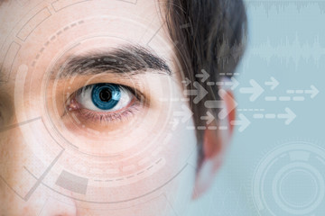 young man's eye and technology concept, smart contact lens display, Iris verification, wearable...