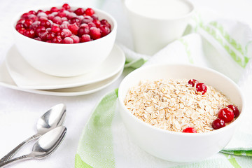 Rolled oats, porridge and cranberries for a healthy breakfast in a rustic style