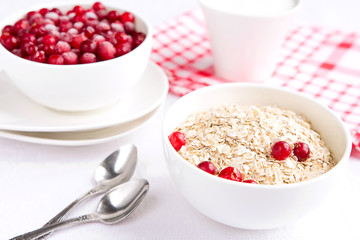 Rolled oats, porridge and cranberries for a healthy breakfast in a rustic style