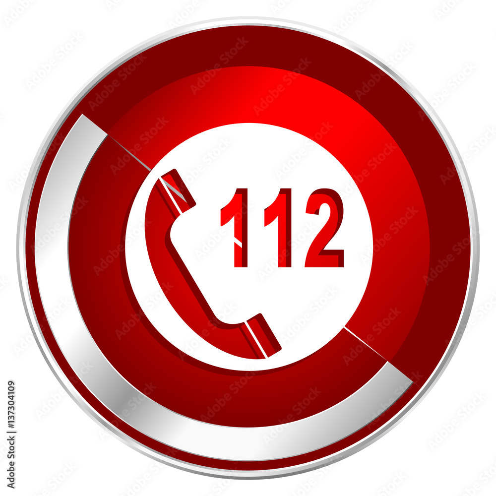 Poster emergency call red web icon. metal shine silver chrome border round button isolated on white backgro