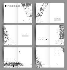 Universal vector set of six monochromatic backgrounds, created from simple polygons and geometric figures. Advertising posters or banners design with modular grayscale elements. Format standard A4.