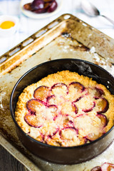 Plum Cake with Raw Cooking Ingredients on cake Pan