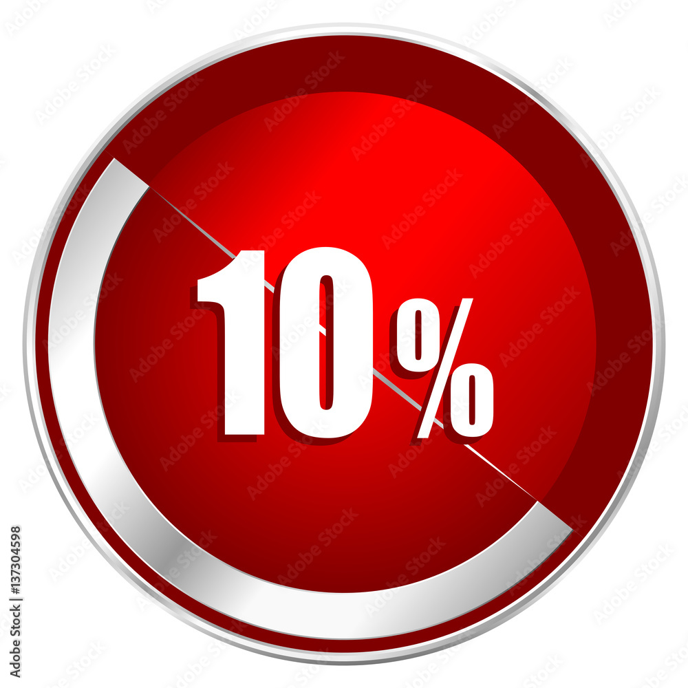 Poster 10 percent red web icon. metal shine silver chrome border round button isolated on white background.