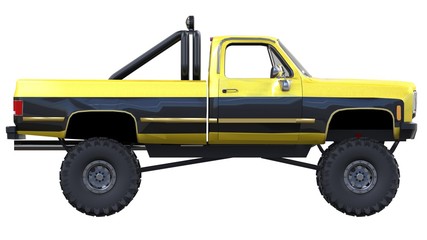 large pickup truck off-road. Full - training. Highly raised suspension. Huge wheels with spikes for rocks and mud. 3d illustration. © whitecityrecords
