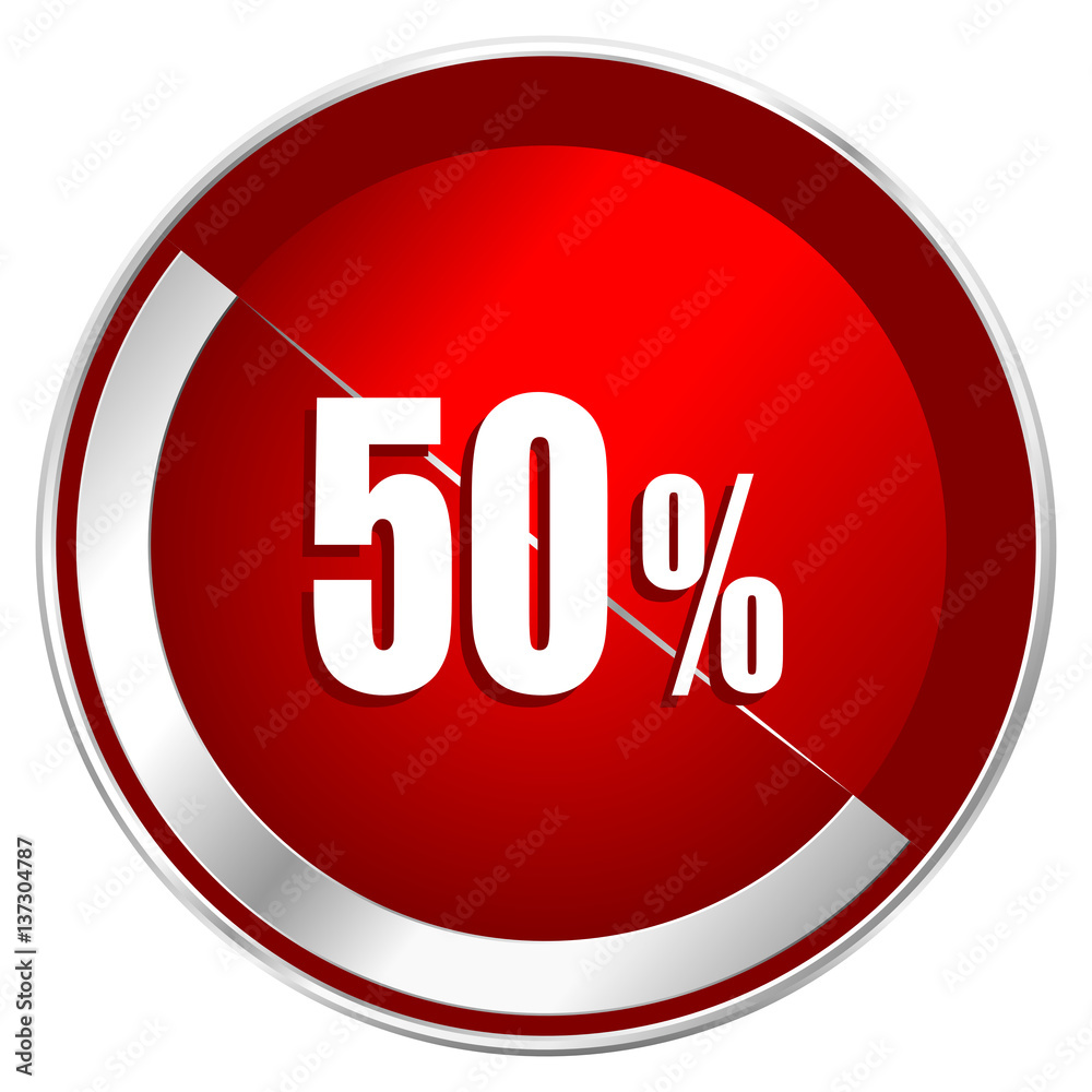 Poster 50 percent red web icon. metal shine silver chrome border round button isolated on white background.