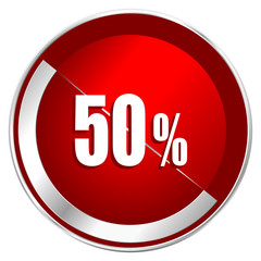 50 percent red web icon. Metal shine silver chrome border round button isolated on white background. Circle modern design abstract sign for smartphone applications.