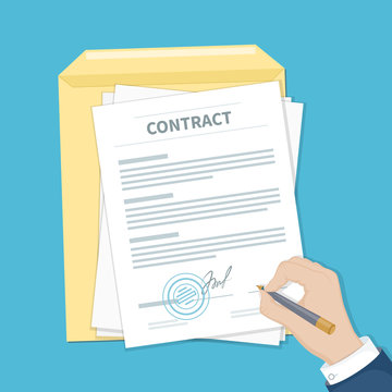 Businessman signing a contract. Man hand with pen, document and envelope. The process of business financial agreement. Document with a signature and a stamp. Vector illustration top view