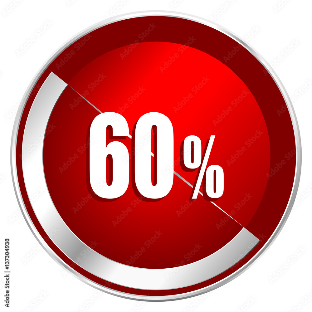 Poster 60 percent red web icon. metal shine silver chrome border round button isolated on white background.