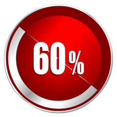 60 percent red web icon. Metal shine silver chrome border round button isolated on white background. Circle modern design abstract sign for smartphone applications.
