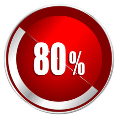 80 percent red web icon. Metal shine silver chrome border round button isolated on white background. Circle modern design abstract sign for smartphone applications.