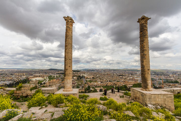 Photo taken from Urfa Castle two pillar, some castle structures and the city is on the picture.