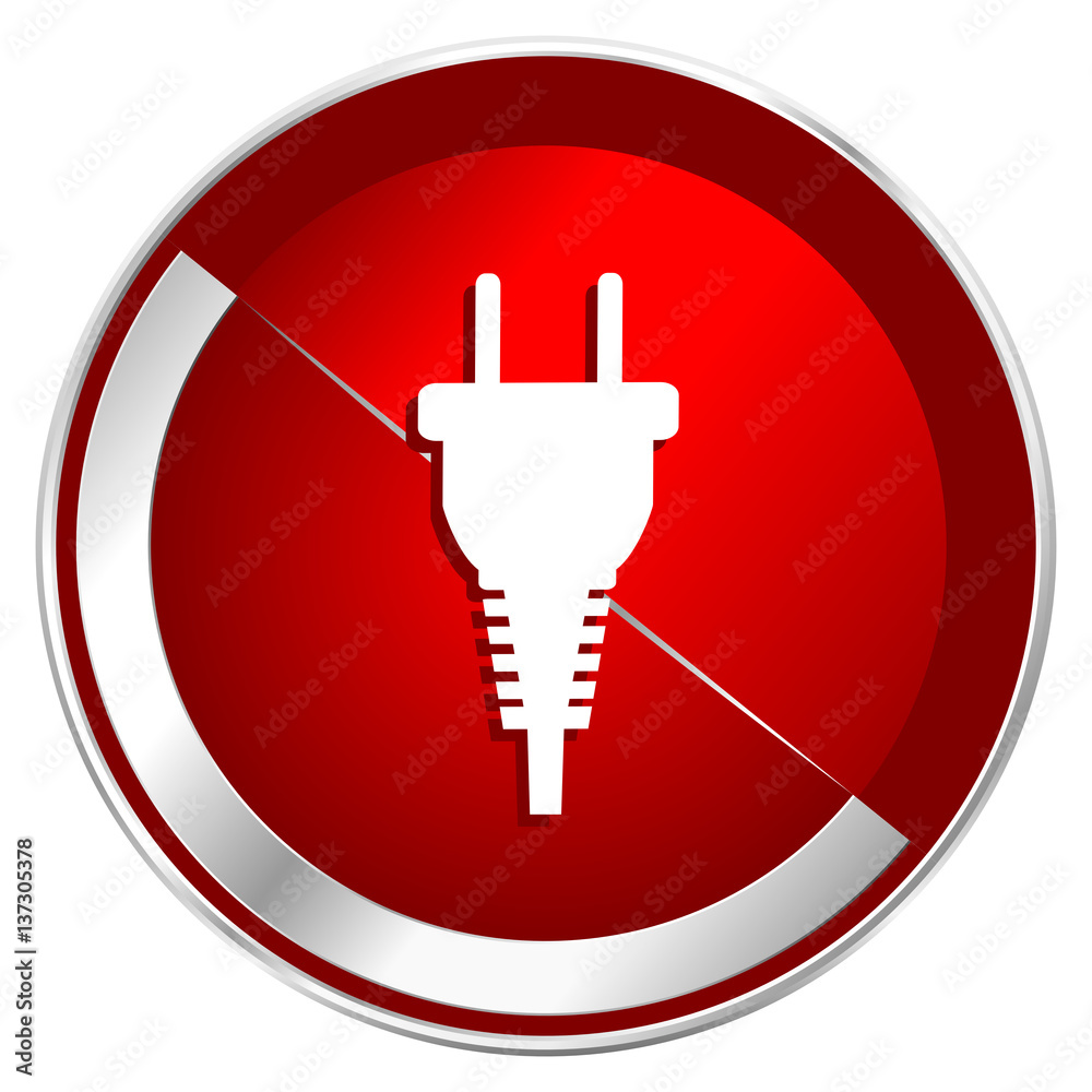 Poster plug red web icon. metal shine silver chrome border round button isolated on white background. circl
