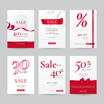 Set of stylish sale banners with red bow, ribbon and paper shopping bag. Vector template for discounts offered on the website. Isolated from the background.