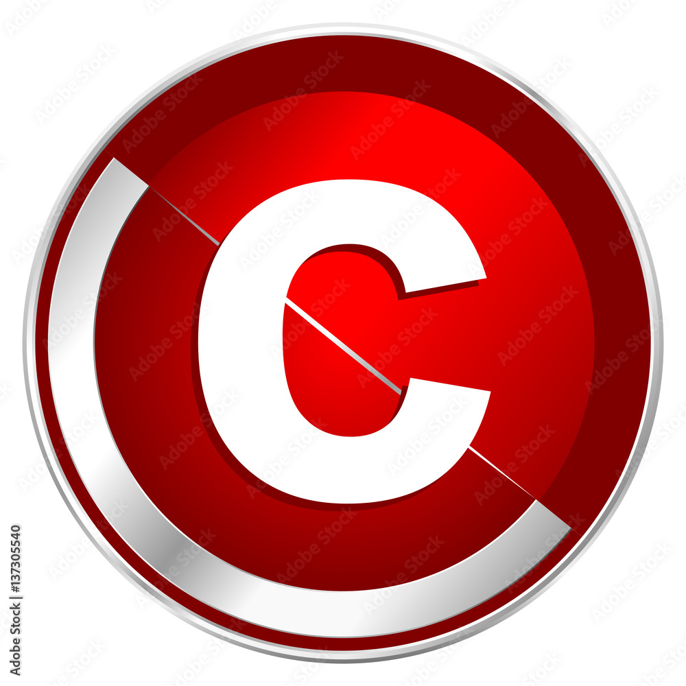 Aufkleber copyright red web icon. metal shine silver chrome border round button isolated on white background. 