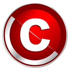 Copyright red web icon. Metal shine silver chrome border round button isolated on white background. Circle modern design abstract sign for smartphone applications.
