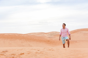 Handsome Man In Desert Young Guy Sand Dune Landscape Background