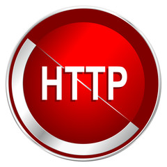 Http red web icon. Metal shine silver chrome border round button isolated on white background. Circle modern design abstract sign for smartphone applications.