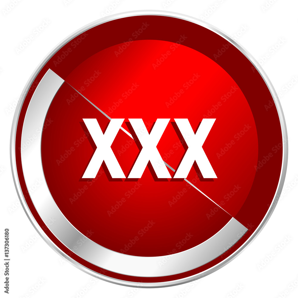 Poster xxx red web icon. metal shine silver chrome border round button isolated on white background. circle