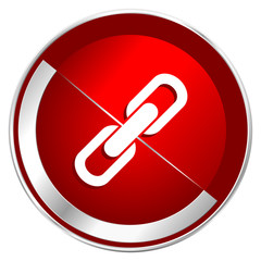 Link red web icon. Metal shine silver chrome border round button isolated on white background. Circle modern design abstract sign for smartphone applications.