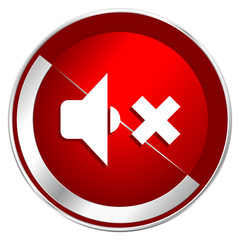 Speaker volume red web icon. Metal shine silver chrome border round button isolated on white background. Circle modern design abstract sign for smartphone applications.